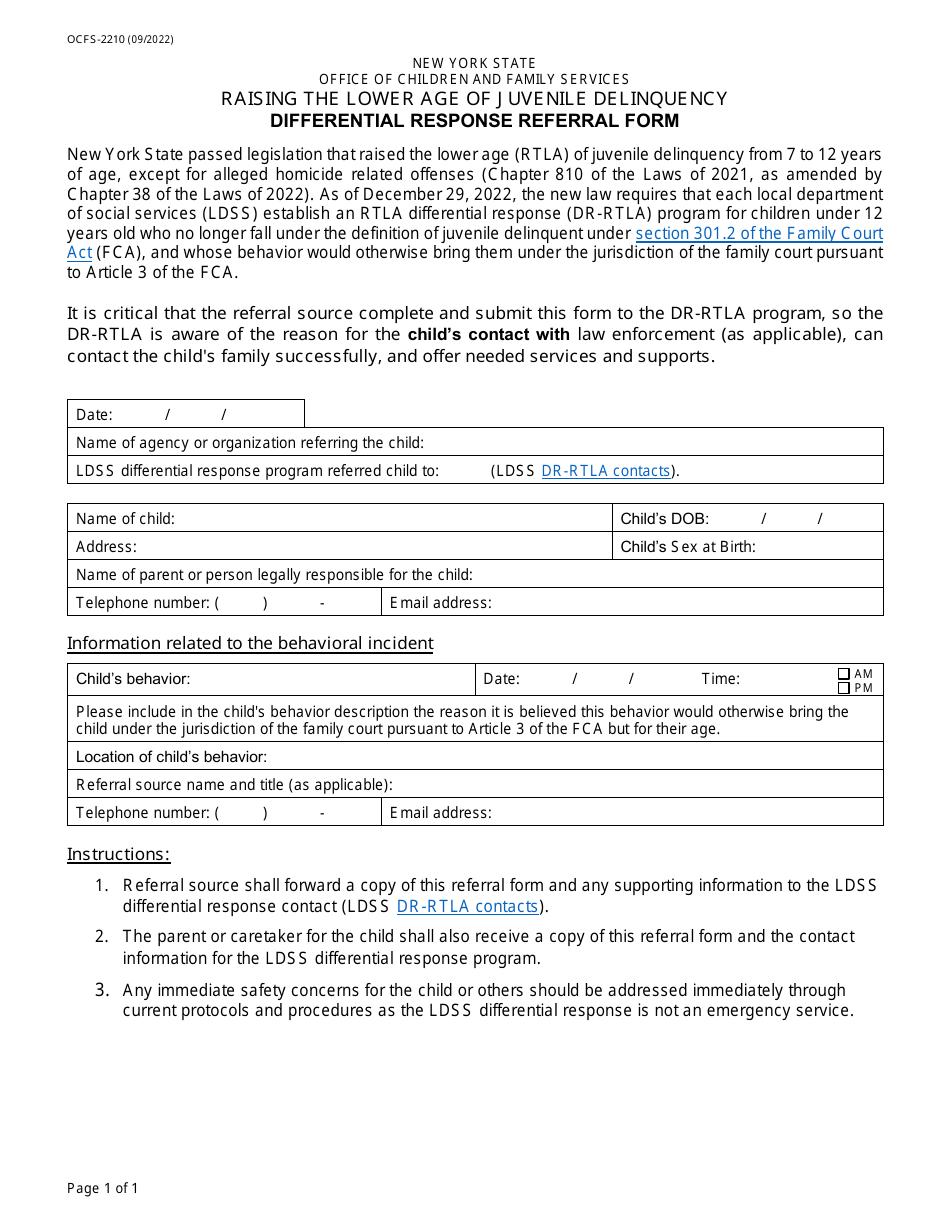 Form OCFS-2210 Raising the Lower Age of Juvenile Delinquency Differential Response Referral Form - New York, Page 1