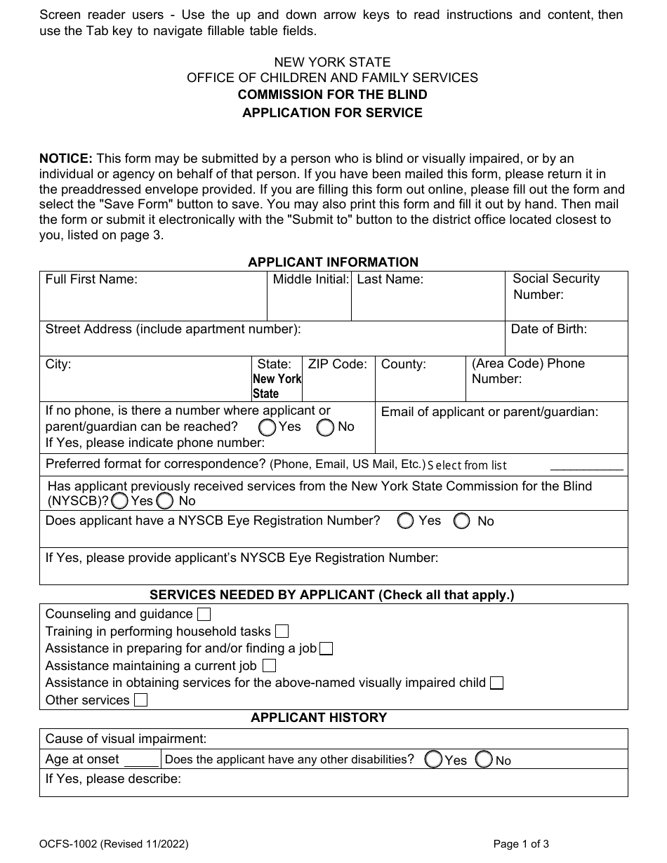 Form OCFS-1002 Application for Service - New York, Page 1