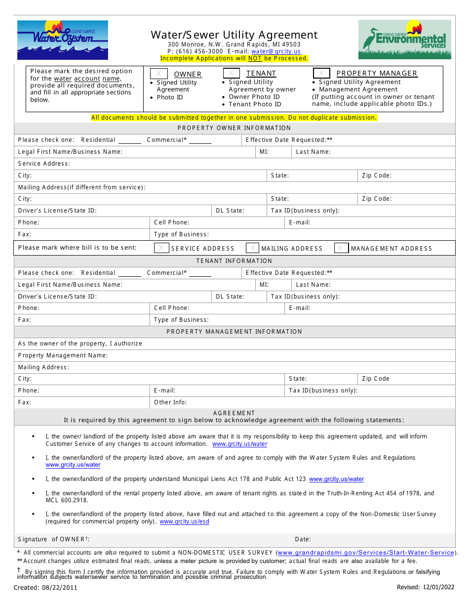 City of Grand Rapids, Michigan Water/Sewer Utility Agreement Fill Out