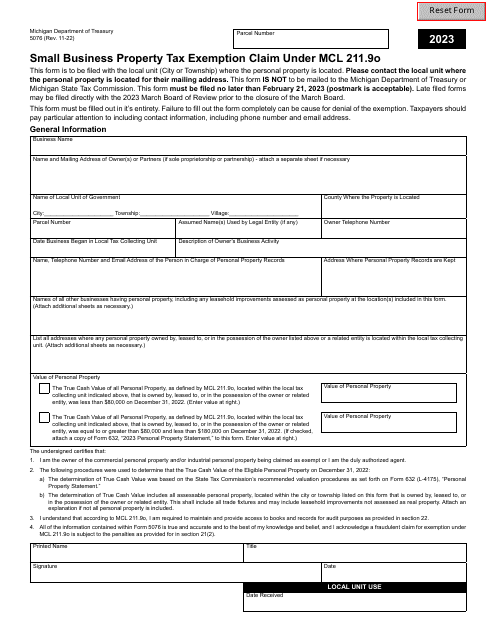 Form 5076 Small Business Property Tax Exemption Claim Under Mcl 211.9o - Michigan, 2023