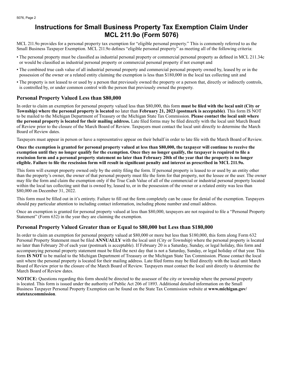 Form 5076 Small Business Property Tax Exemption Claim Under Mcl 211.9o - Michigan, Page 2