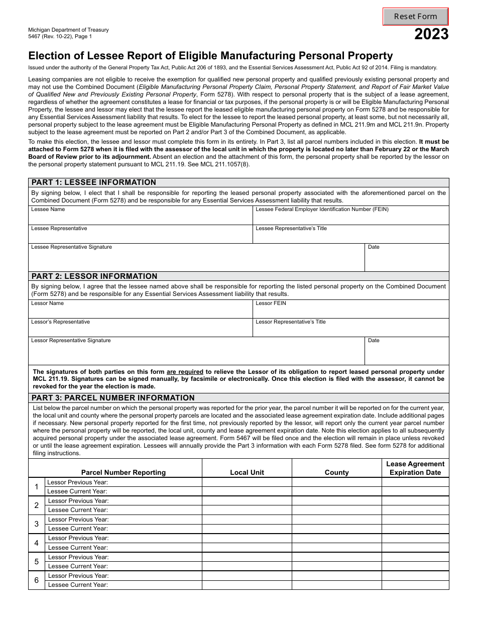 Form 5467 Election of Lessee Report of Eligible Manufacturing Personal Property - Michigan, Page 1