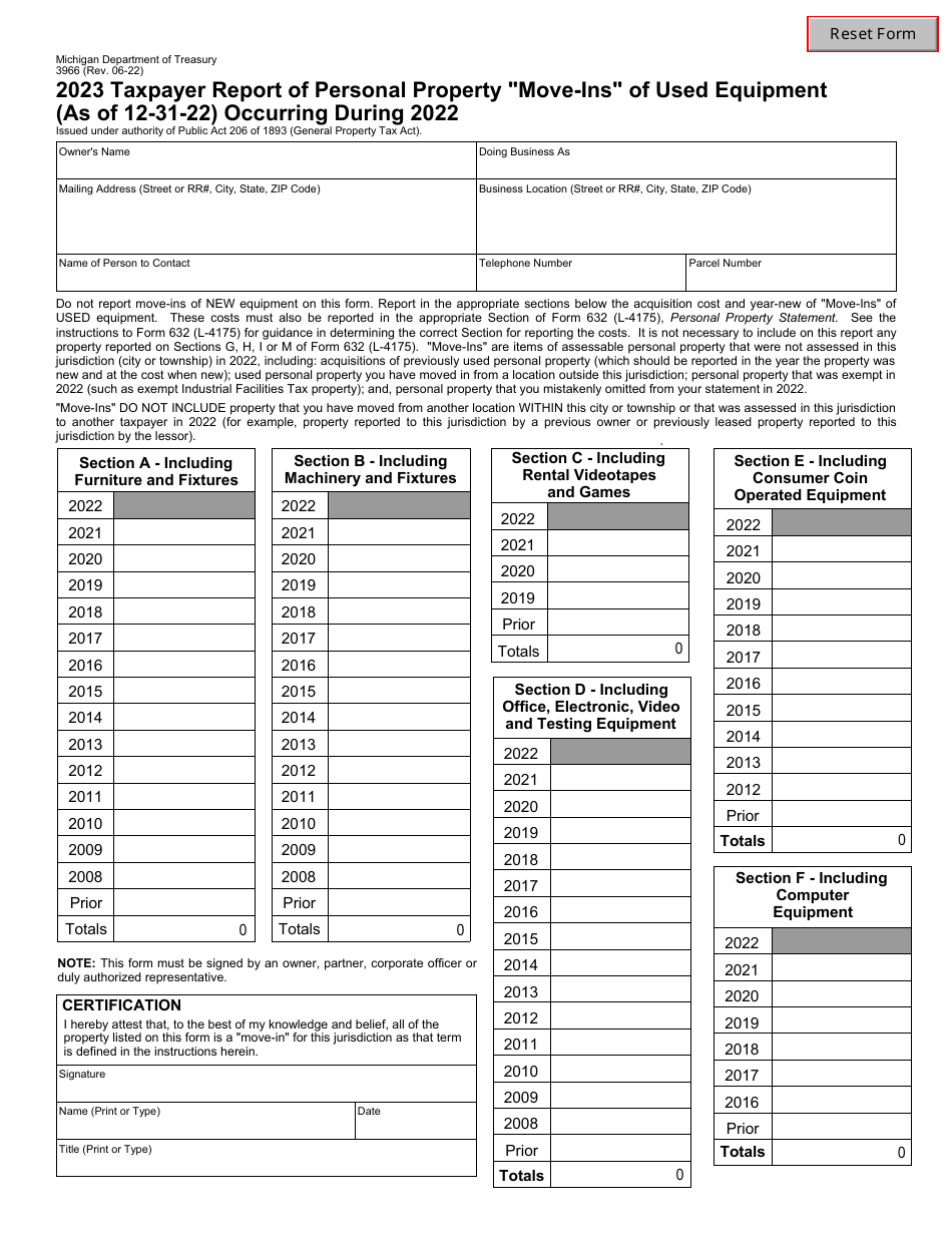Form 3966 Taxpayer Report of Personal Property move-Ins of Used Equipment (As of 12-31-22) Occurring During 2022 - Michigan, Page 1