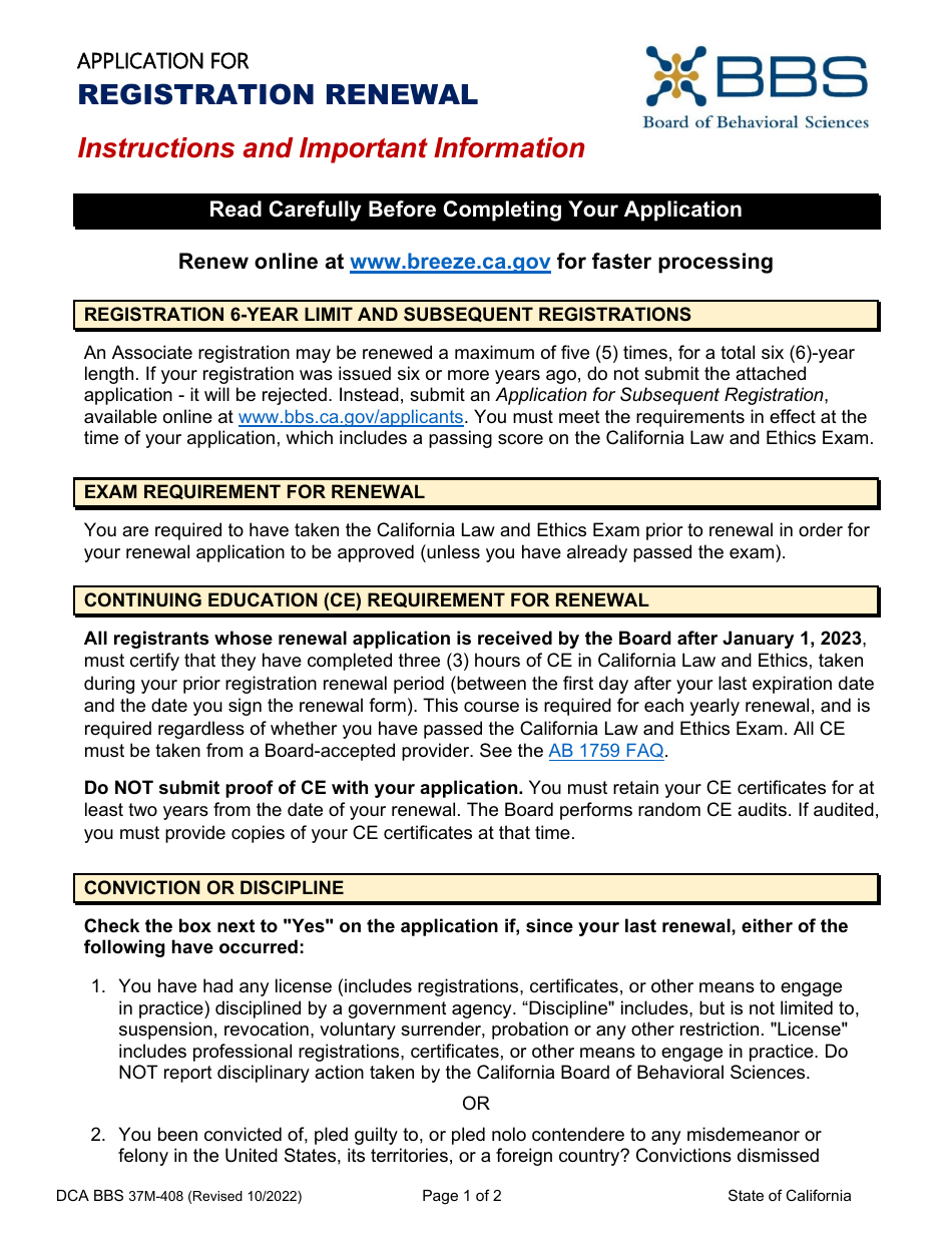 Form DCA BBS37M-408 Application for Registration Renewal - California, Page 1