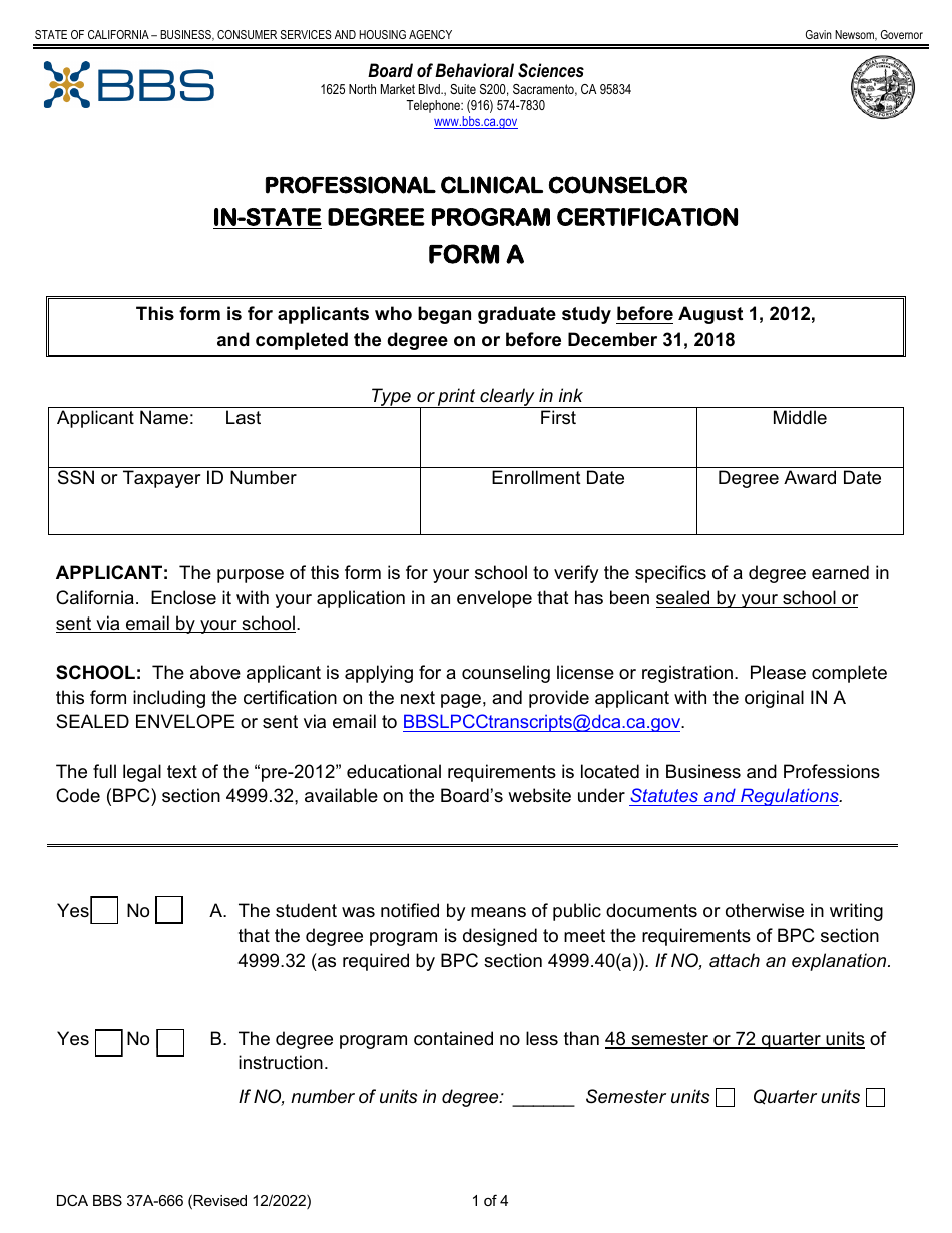 Form A (DCA BBS37A-666) Professional Clinical Counselor in-State Degree Program Certification - California, Page 1