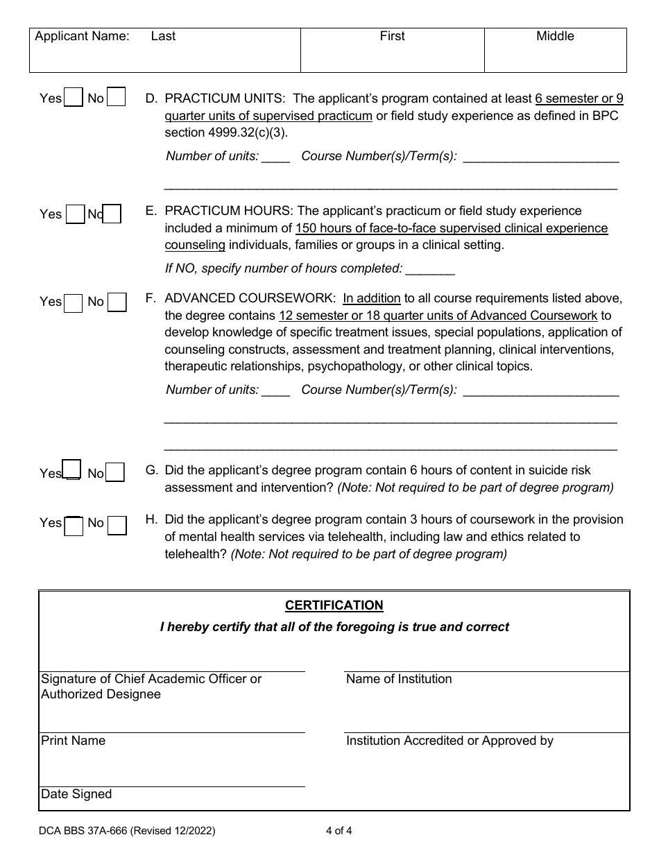 Form A (DCA BBS37A-666) Professional Clinical Counselor in-State Degree Program Certification - California, Page 4