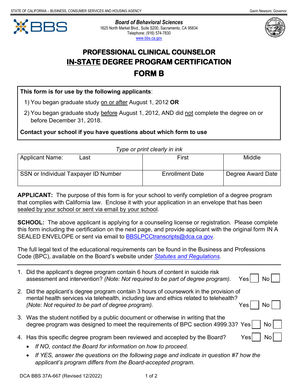 Form B (DCA BBS37A-667) - Fill Out, Sign Online And Download Fillable ...