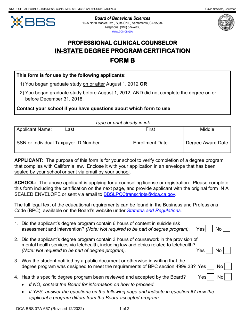 Form B (DCA BBS37A-667) Professional Clinical Counselor in-State Degree Program Certification - California, Page 1
