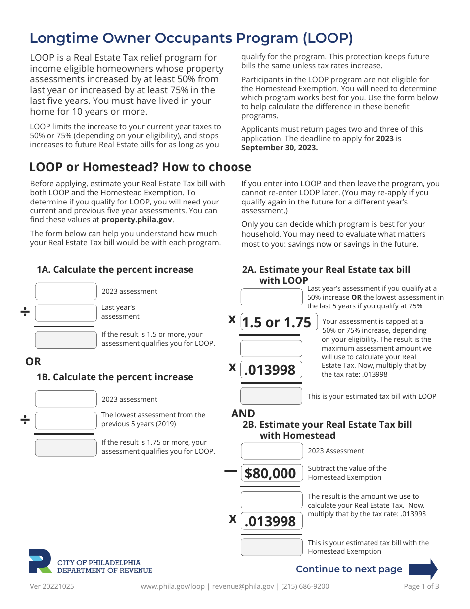 Application Longtime Owner Occupants Program (Loop) - City of Philadelphia, Pennsylvania, Page 1