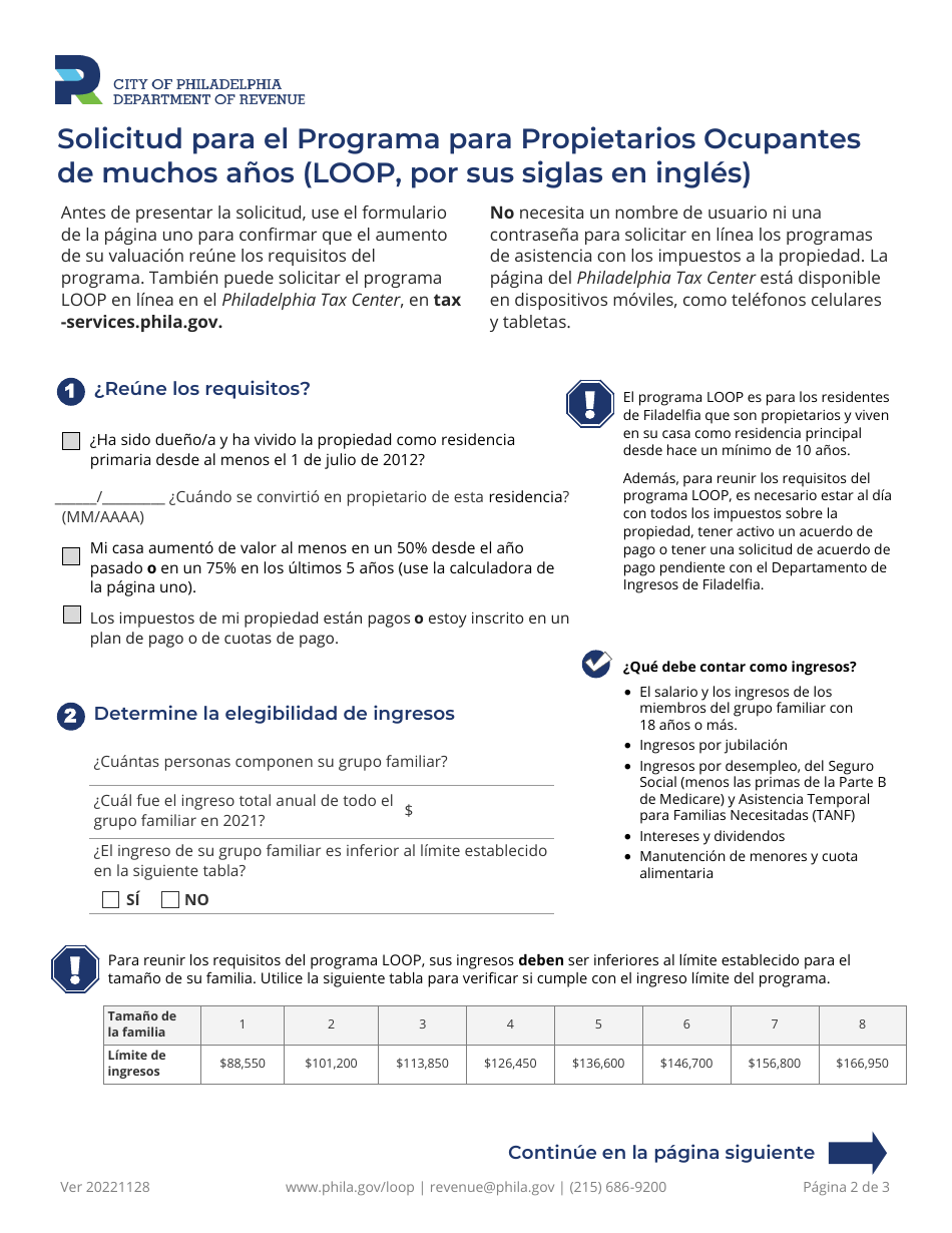 Solicitud Para El Programa Para Propietarios Ocupantes De Muchos Anos (Loop, Por Sus Siglas En Ingles) - City of Philadelphia, Pennsylvania (Spanish), Page 2