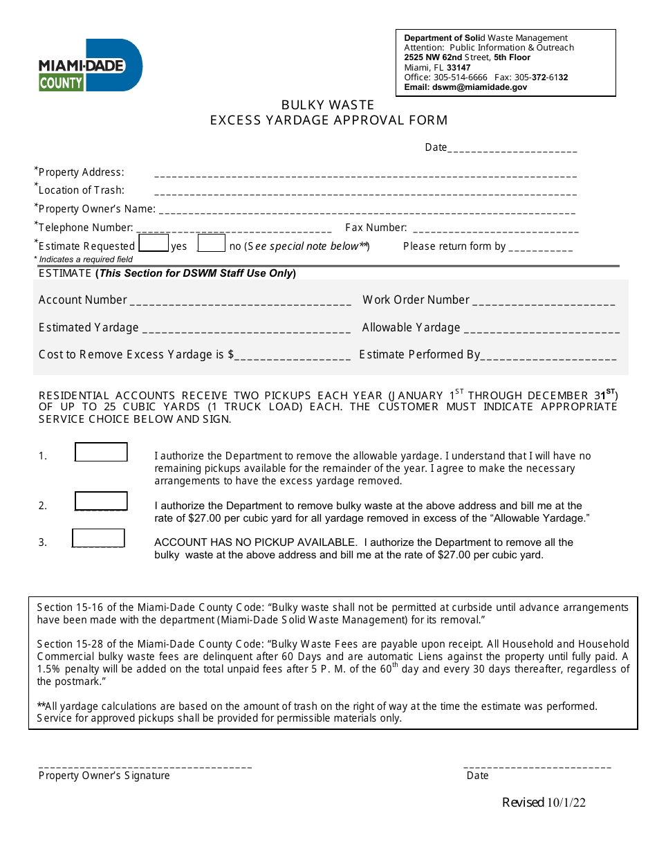 Bulky Waste Excess Yardage Approval Form - Miami-Dade County, Florida, Page 1