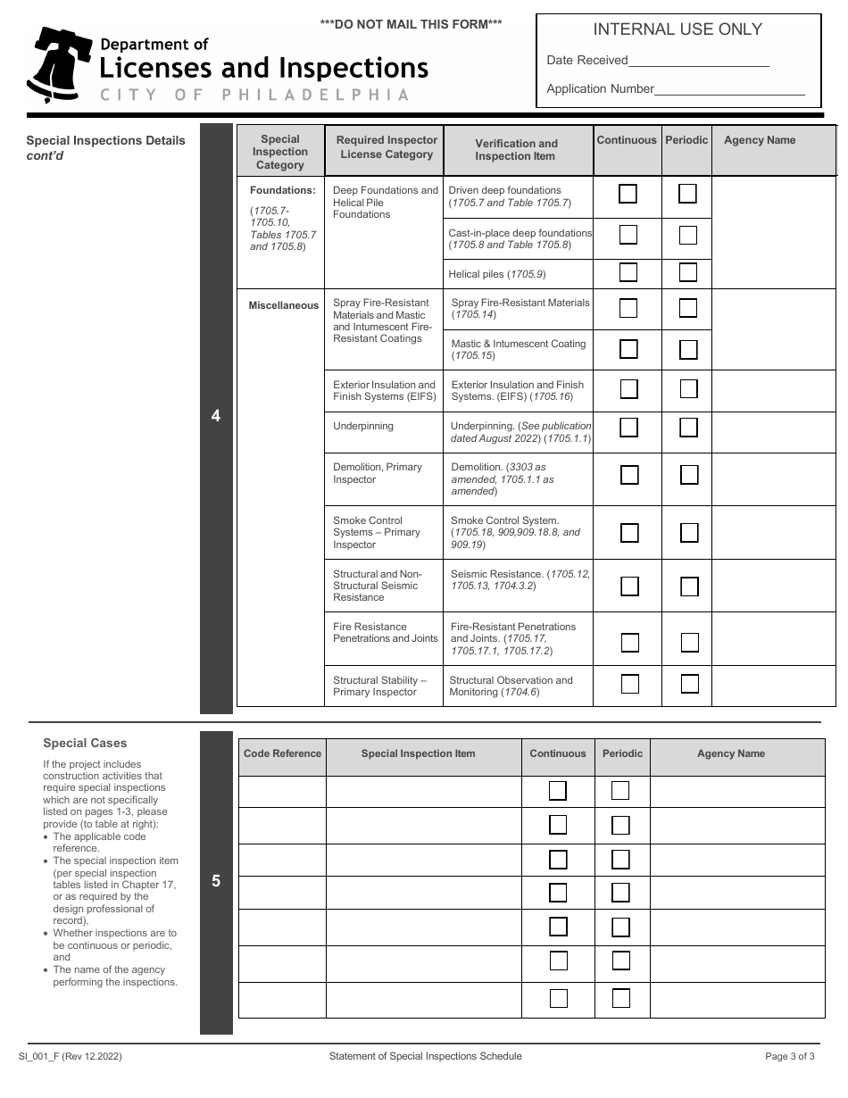 Form SI_001_F Statement of Special Inspections Schedule - City of Philadelphia, Pennsylvania, Page 3