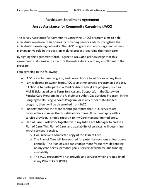Form CBSP-30 Participant Enrollment Agreement - Jersey Assistance for Community Caregiving (Jacc) - New Jersey