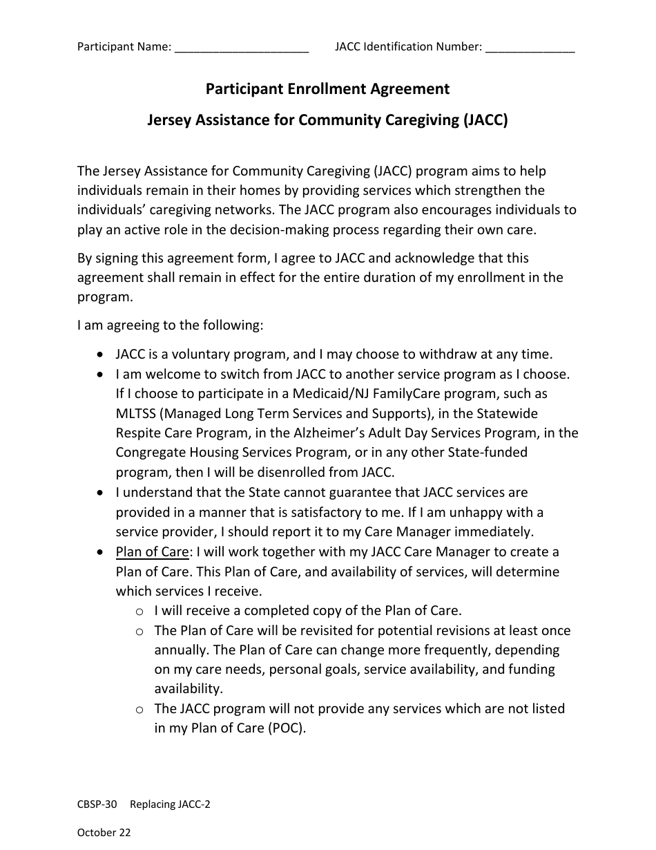 Form CBSP-30 Participant Enrollment Agreement - Jersey Assistance for Community Caregiving (Jacc) - New Jersey, Page 1
