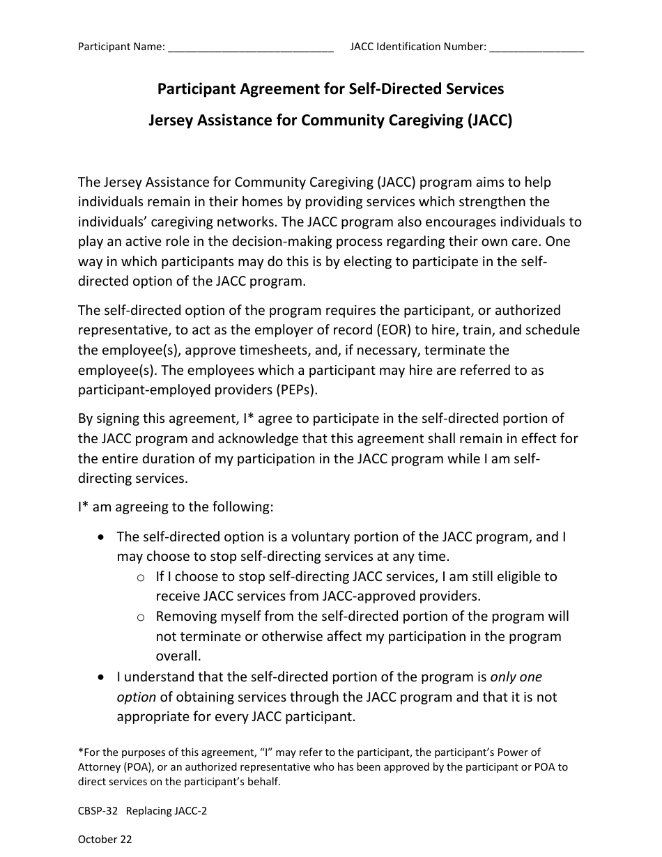 Form CBSP-32 Participant Agreement for Self-directed Services - Jersey Assistance for Community Caregiving (Jacc) - New Jersey, Page 1