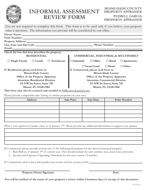 Informal Assessment Review Form - Miami-Dade County, Florida Download Pdf