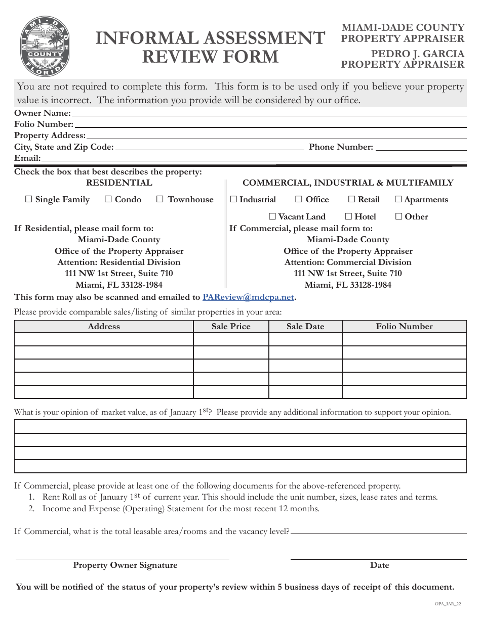 Informal Assessment Review Form - Miami-Dade County, Florida, Page 1