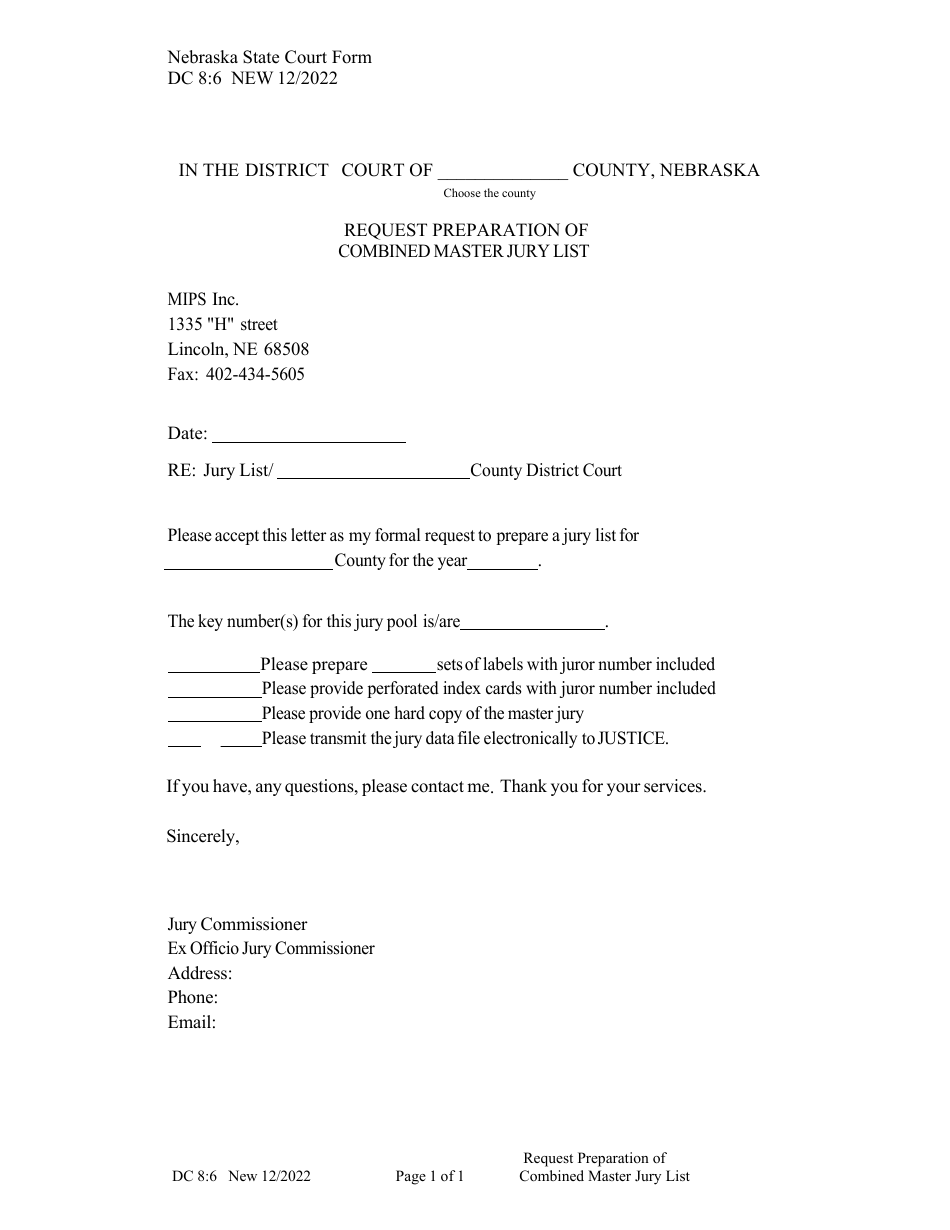 Form DC8:6 Request Preparation of Combined Master Jury List - Nebraska, Page 1