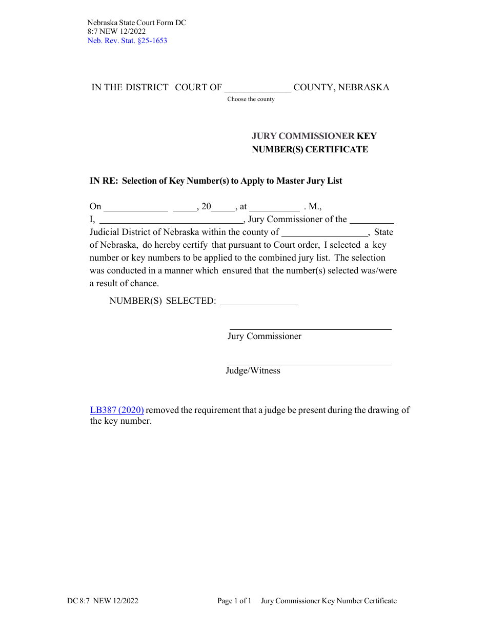 Form DC8:7 Jury Commissioner Key Number(S) Certificate - Nebraska, Page 1