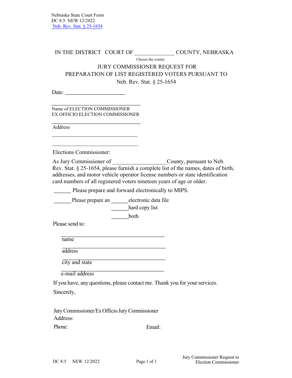 Form DC8:5 Jury Commissioner Request for Preparation of List Registered Voters Pursuant to Neb. Rev. Stat. 25-1654 - Nebraska, Page 1