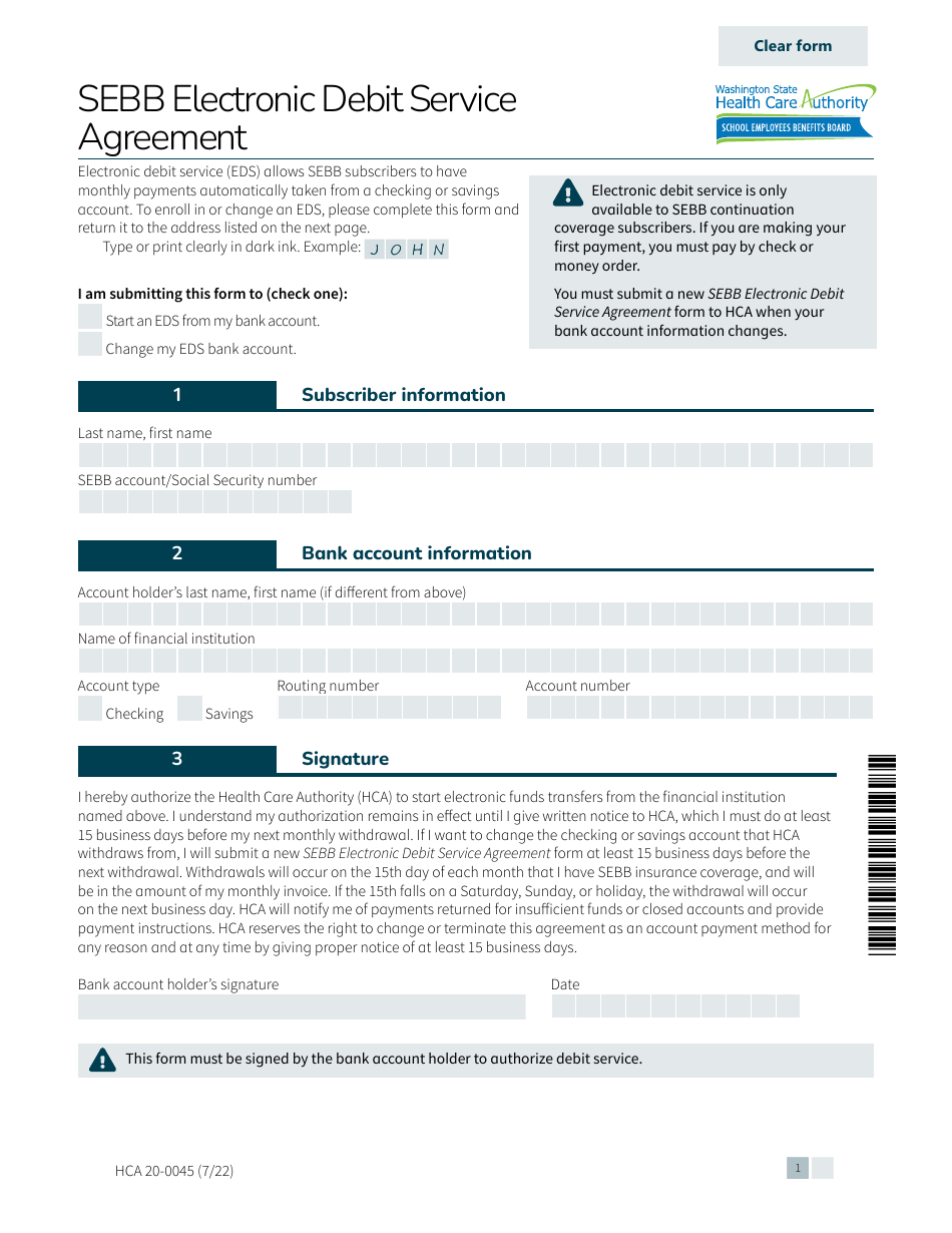 Form HCA20-0045 Sebb Electronic Debit Service Agreement - Washington, Page 1