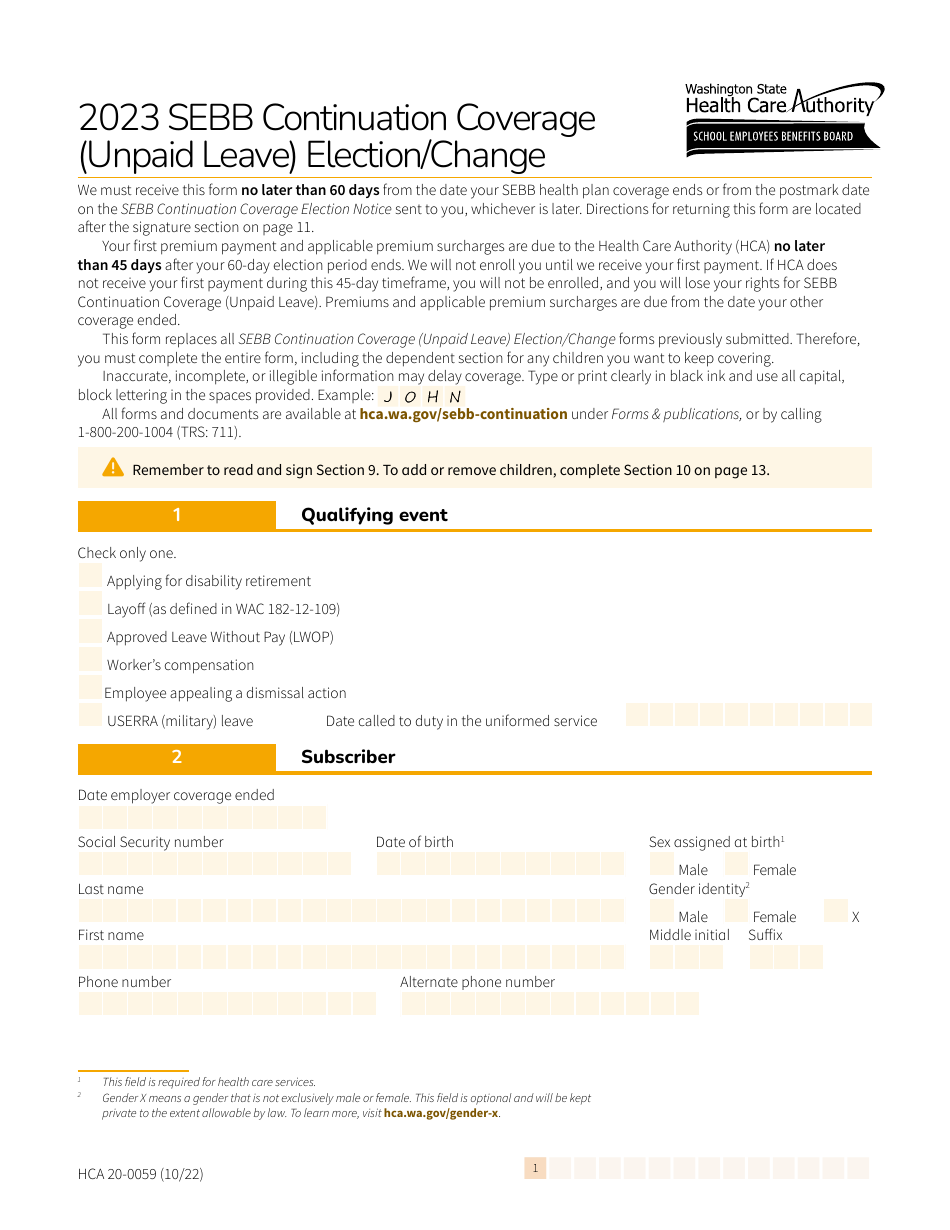Form HCA20-0059 Sebb Continuation Coverage (Unpaid Leave) Election / Change - Washington, Page 1