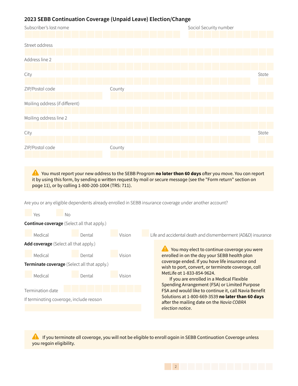 Form HCA20-0059 Sebb Continuation Coverage (Unpaid Leave) Election / Change - Washington, Page 2
