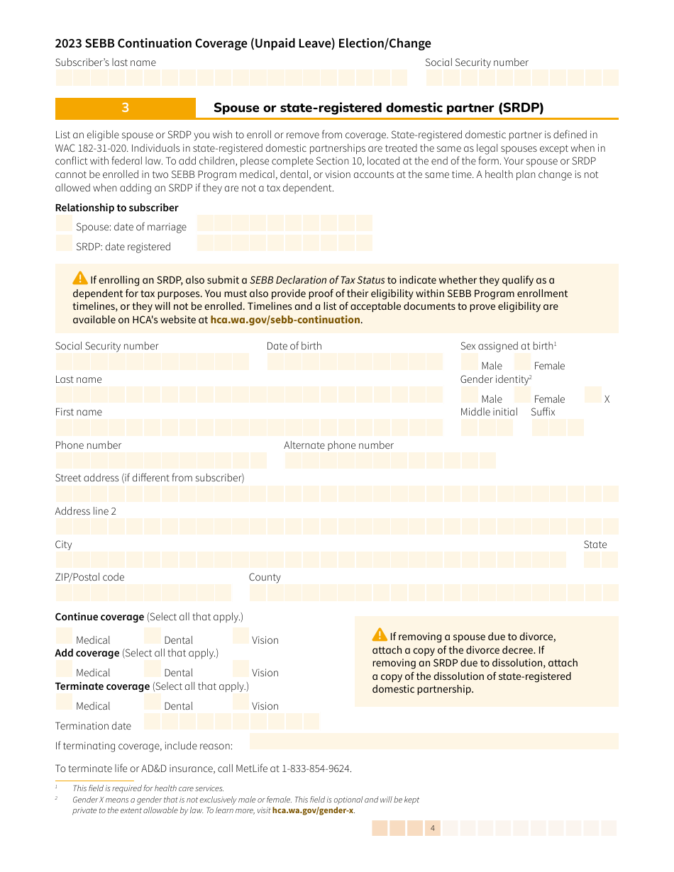 Form HCA20-0059 Sebb Continuation Coverage (Unpaid Leave) Election / Change - Washington, Page 4