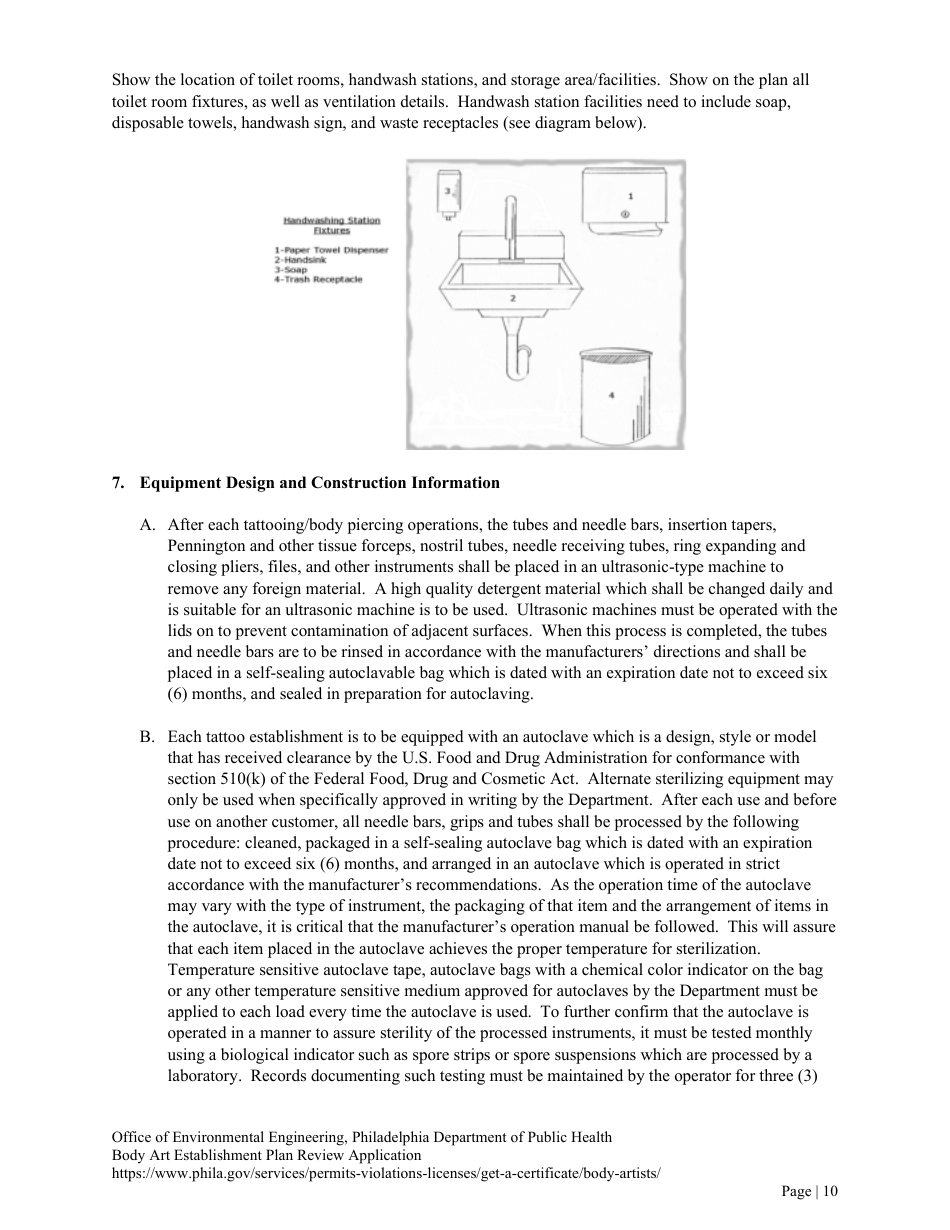 Plan Review Application Form for Body Art Establishments - City of Philadelphia, Pennsylvania, Page 10