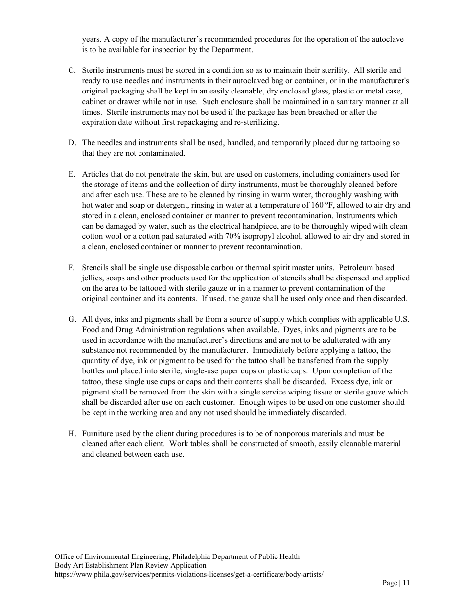 Plan Review Application Form for Body Art Establishments - City of Philadelphia, Pennsylvania, Page 11