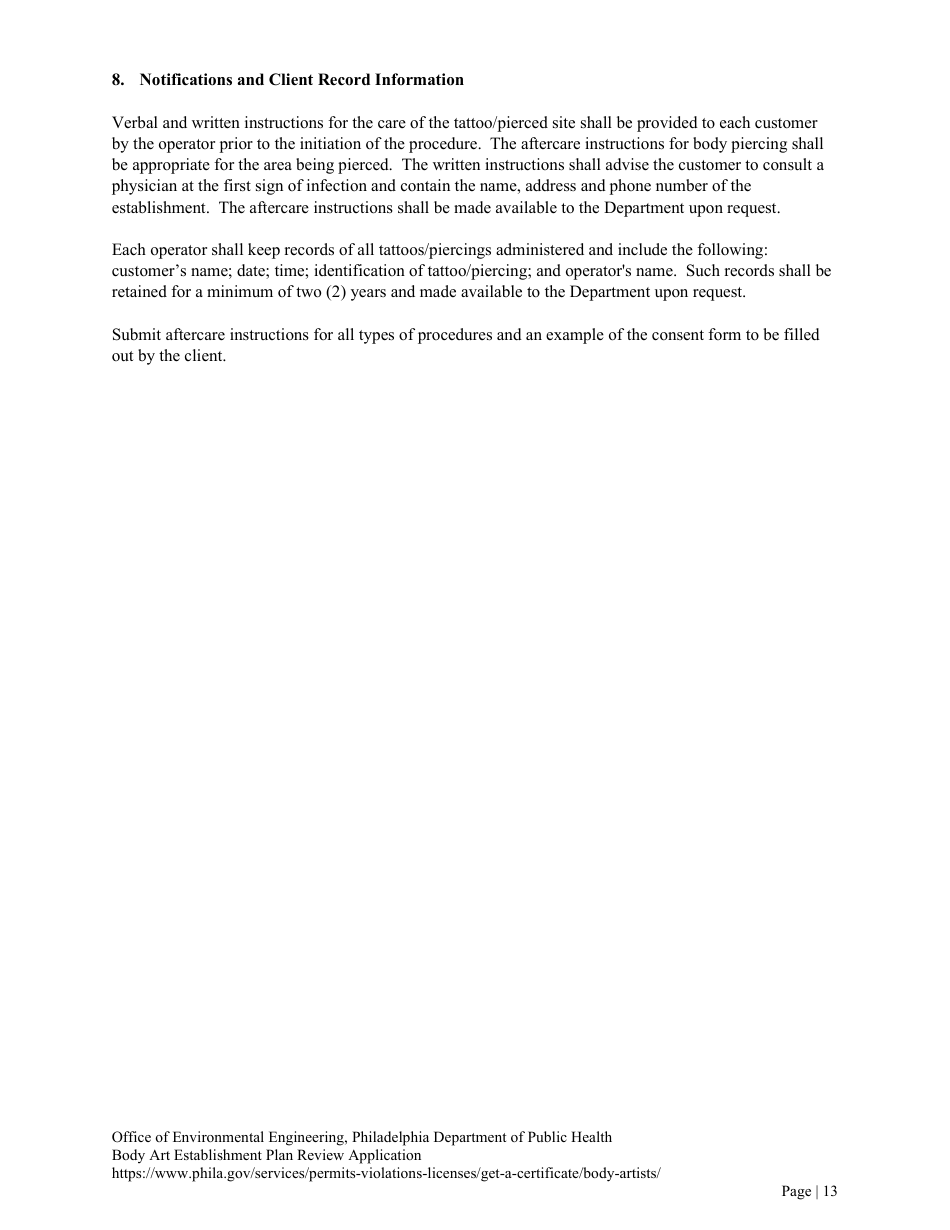 Plan Review Application Form for Body Art Establishments - City of Philadelphia, Pennsylvania, Page 13