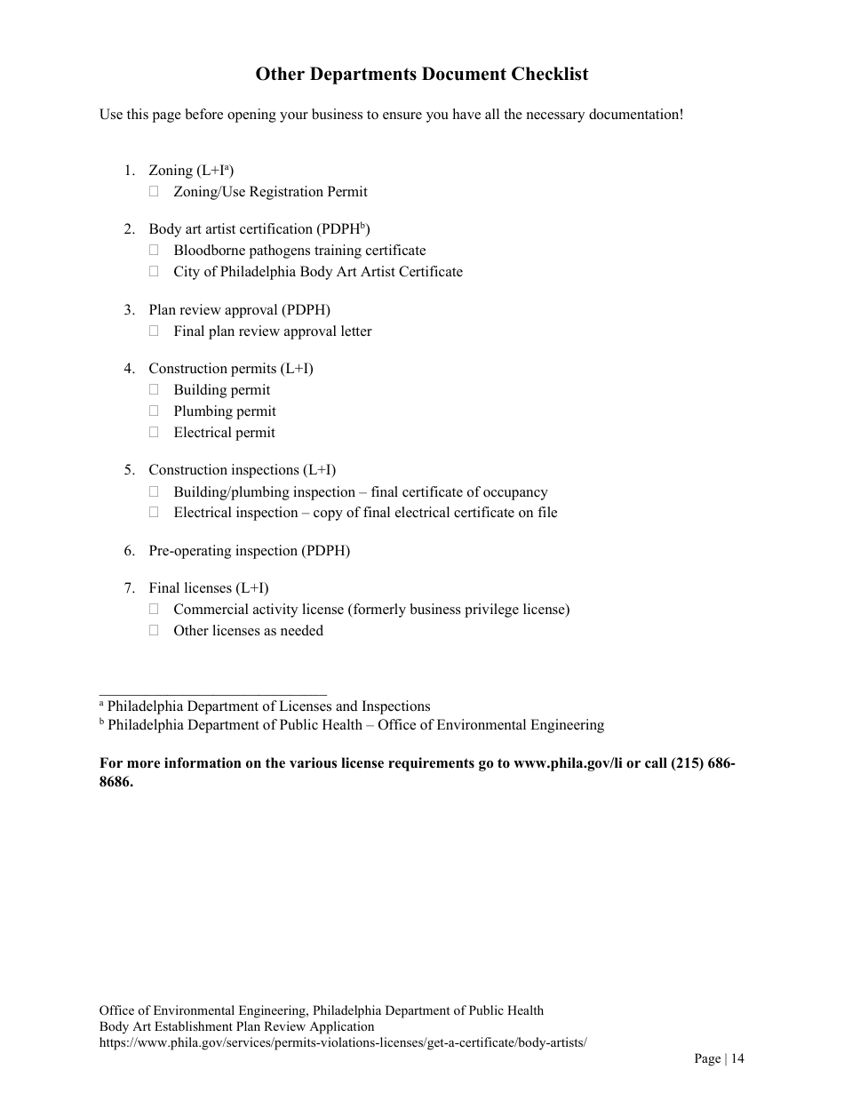 Plan Review Application Form for Body Art Establishments - City of Philadelphia, Pennsylvania, Page 14