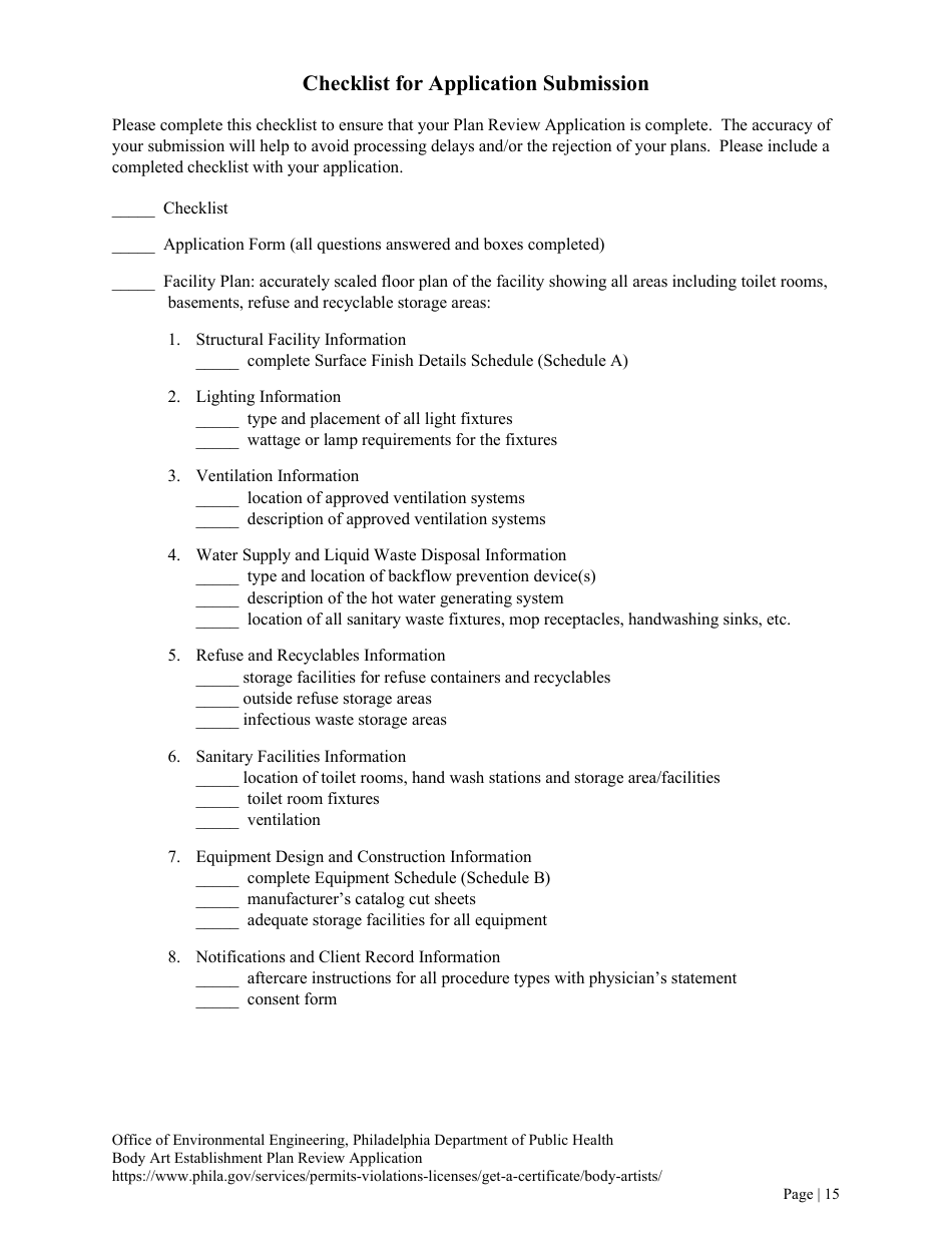 Plan Review Application Form for Body Art Establishments - City of Philadelphia, Pennsylvania, Page 15