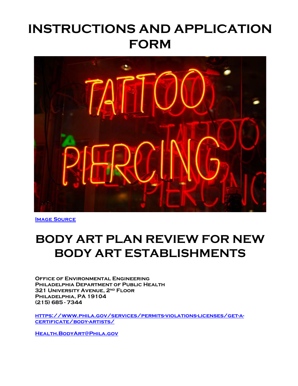 Plan Review Application Form for Body Art Establishments - City of Philadelphia, Pennsylvania, Page 1