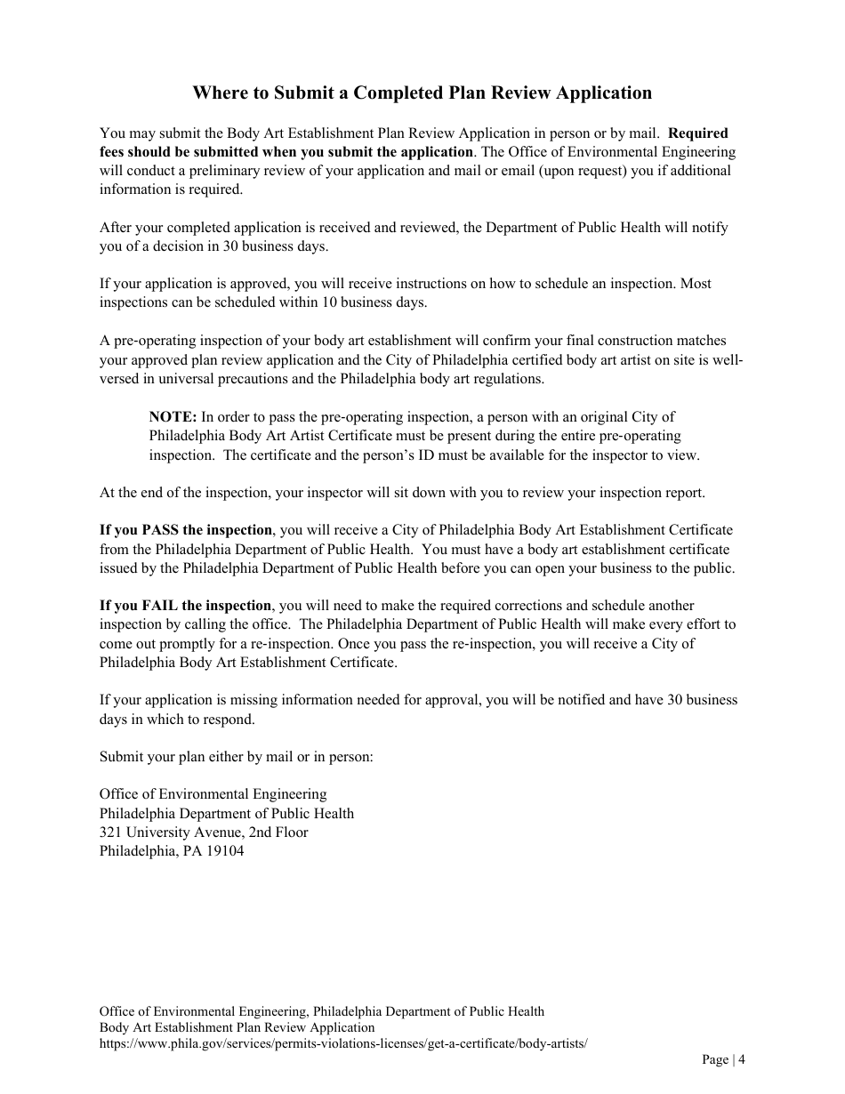 Plan Review Application Form for Body Art Establishments - City of Philadelphia, Pennsylvania, Page 4