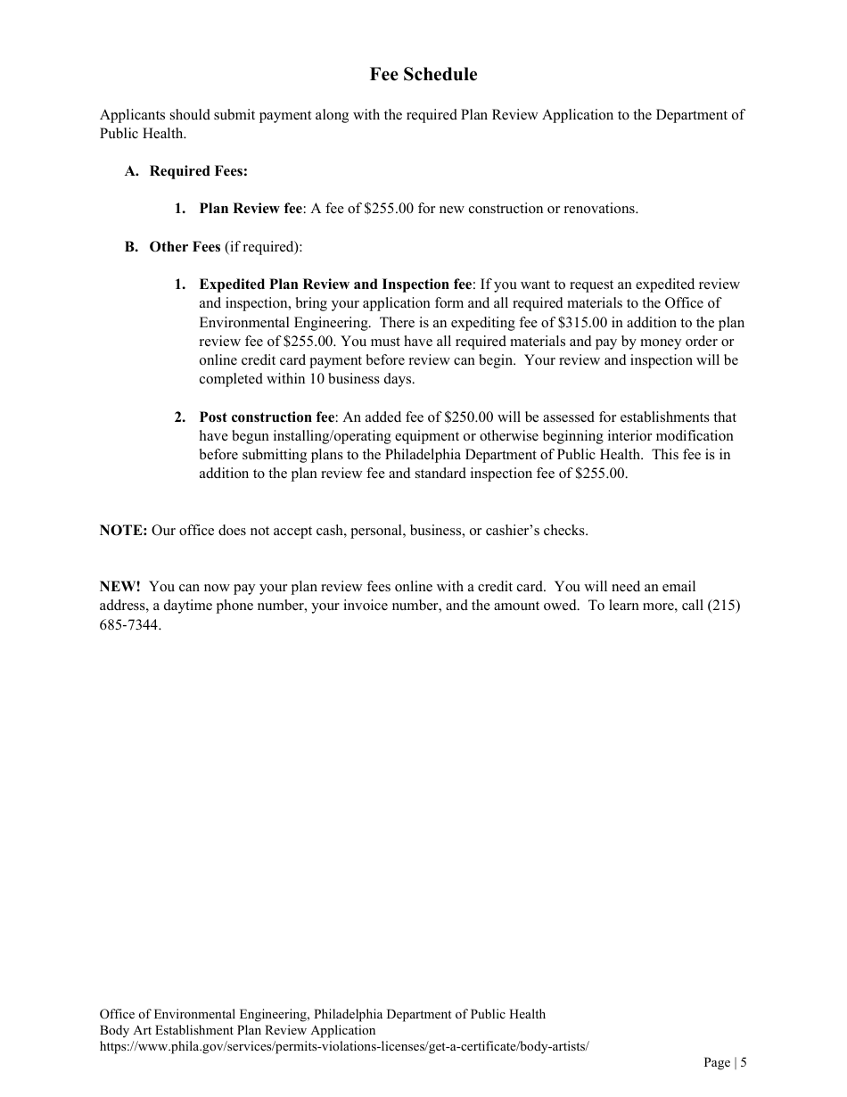 Plan Review Application Form for Body Art Establishments - City of Philadelphia, Pennsylvania, Page 5