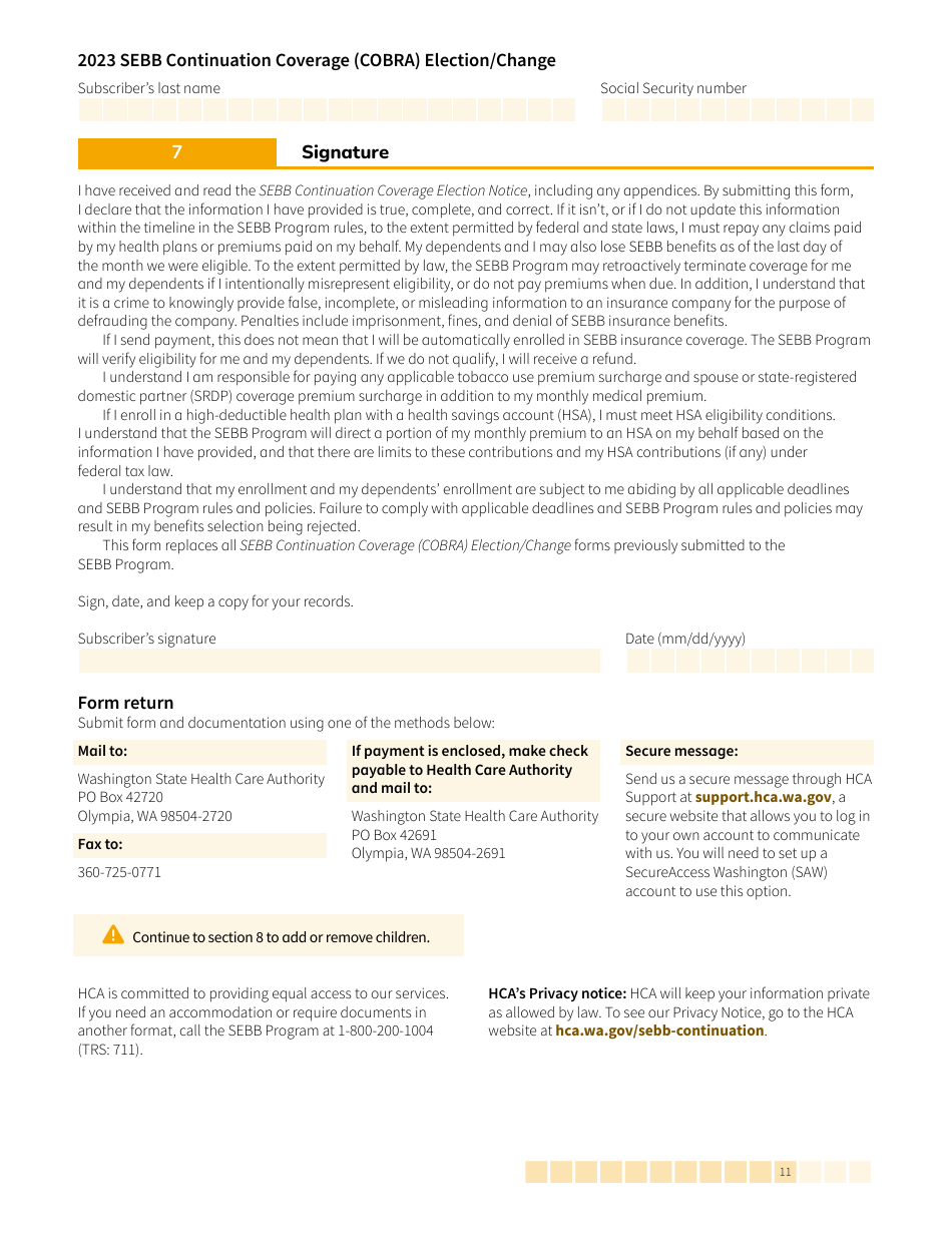 Form HCA20-0060 Sebb Continuation Coverage (Cobra) Election / Change - Washington, Page 11
