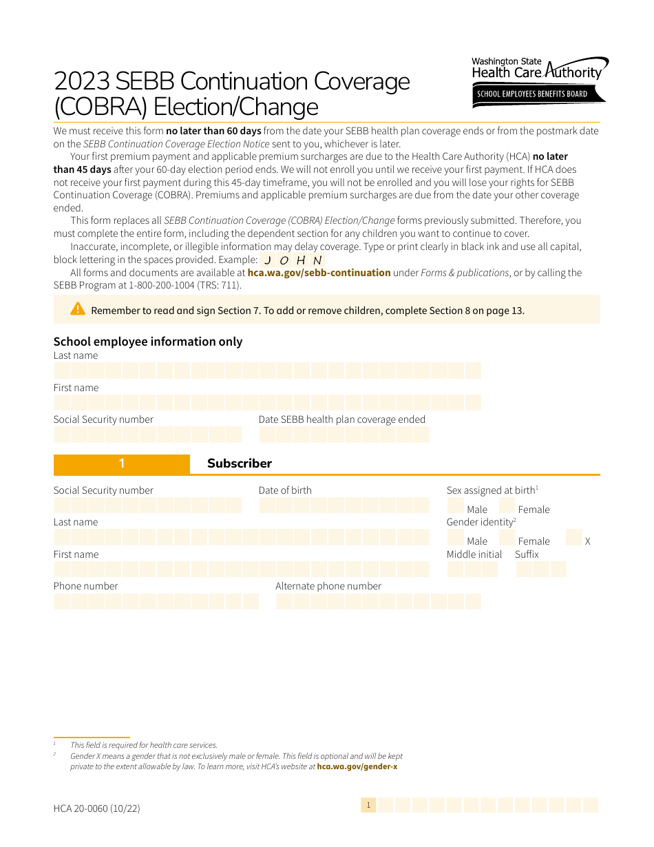 Form HCA20-0060 Sebb Continuation Coverage (Cobra) Election / Change - Washington, Page 1