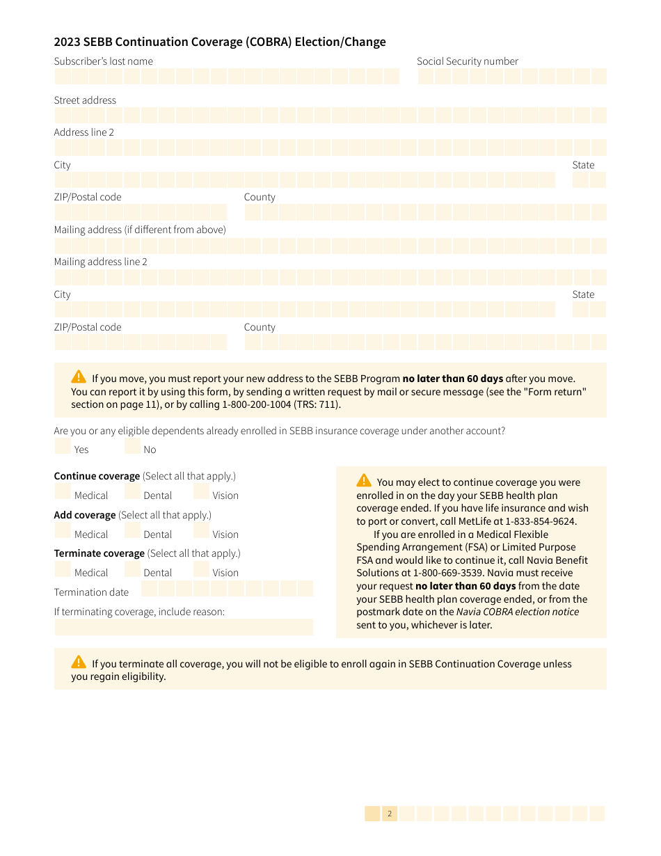 Form HCA20-0060 Sebb Continuation Coverage (Cobra) Election / Change - Washington, Page 2