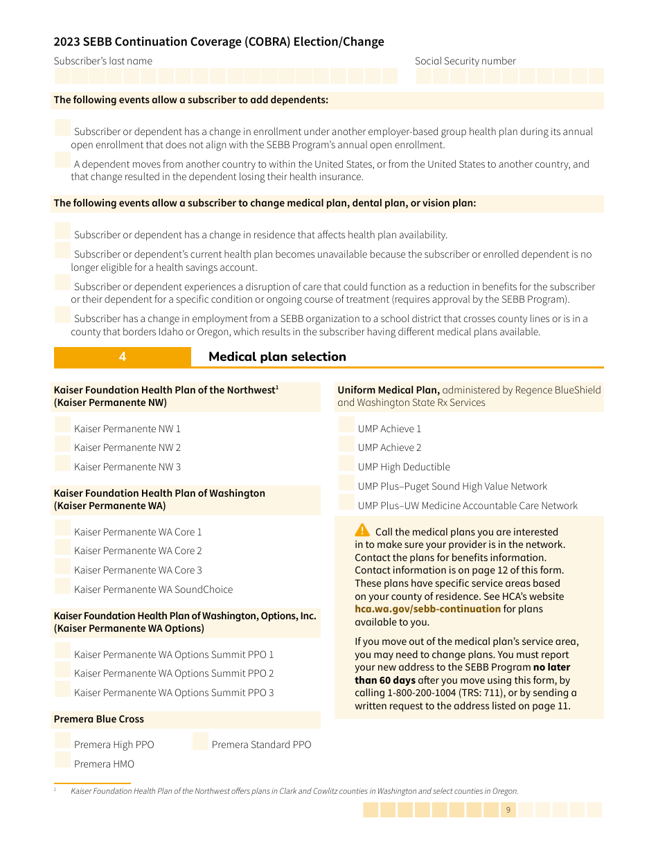 Form HCA20-0060 Sebb Continuation Coverage (Cobra) Election / Change - Washington, Page 9