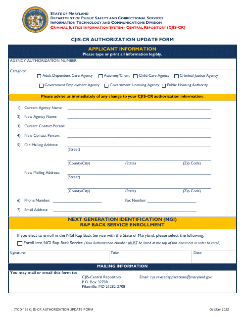 Form ITCD-126 Cjis-Cr Authorization Update Form - Maryland
