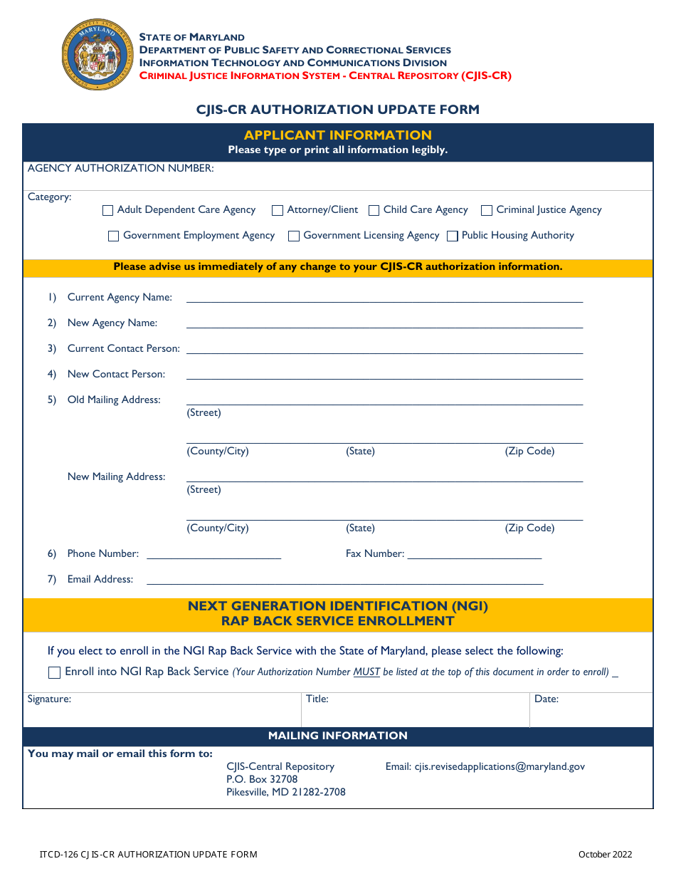 Form ITCD-126 Cjis-Cr Authorization Update Form - Maryland, Page 1