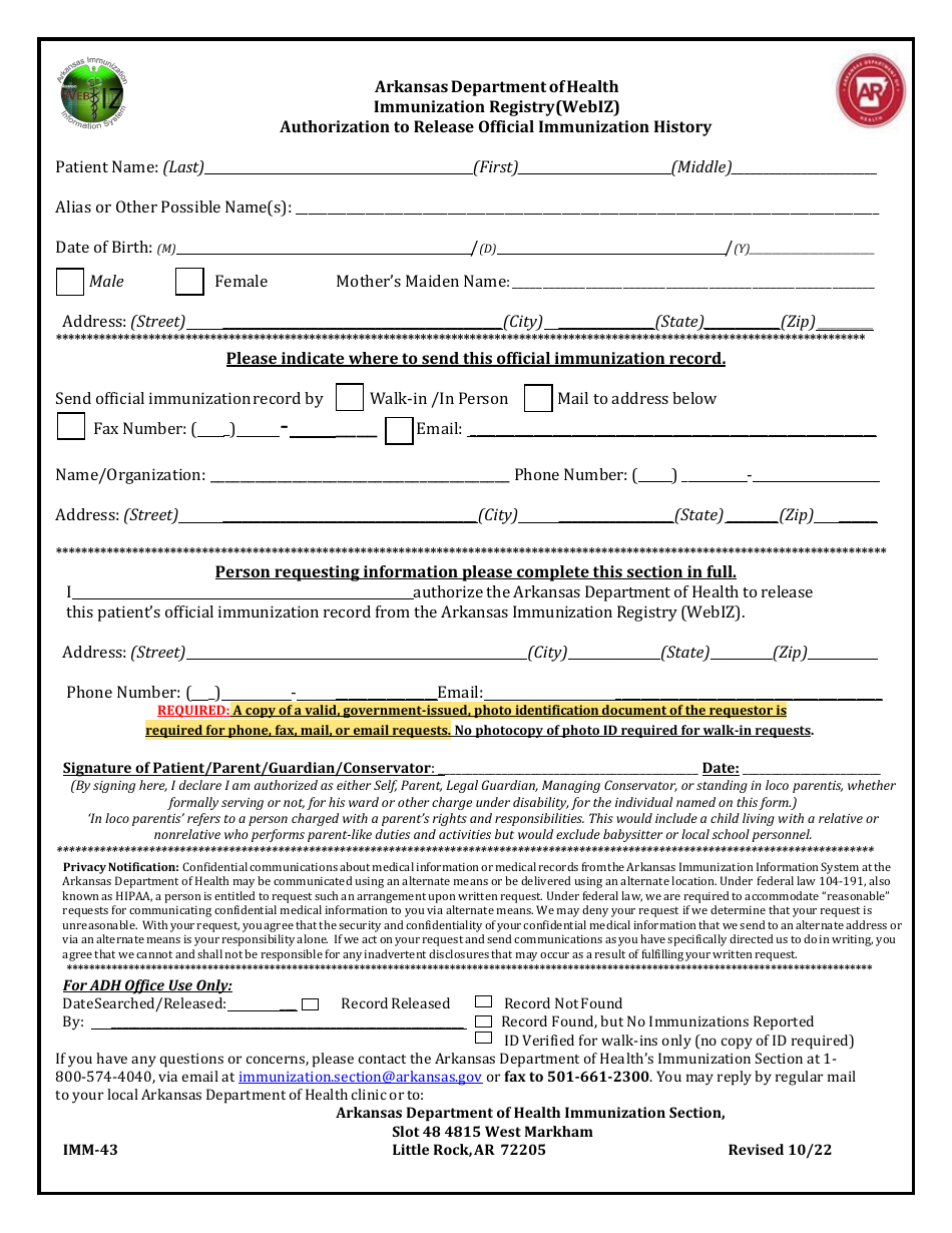 Form IMM-43 Immunization Registry (Webiz) Authorization to Release Official Immunization History - Arkansas, Page 1