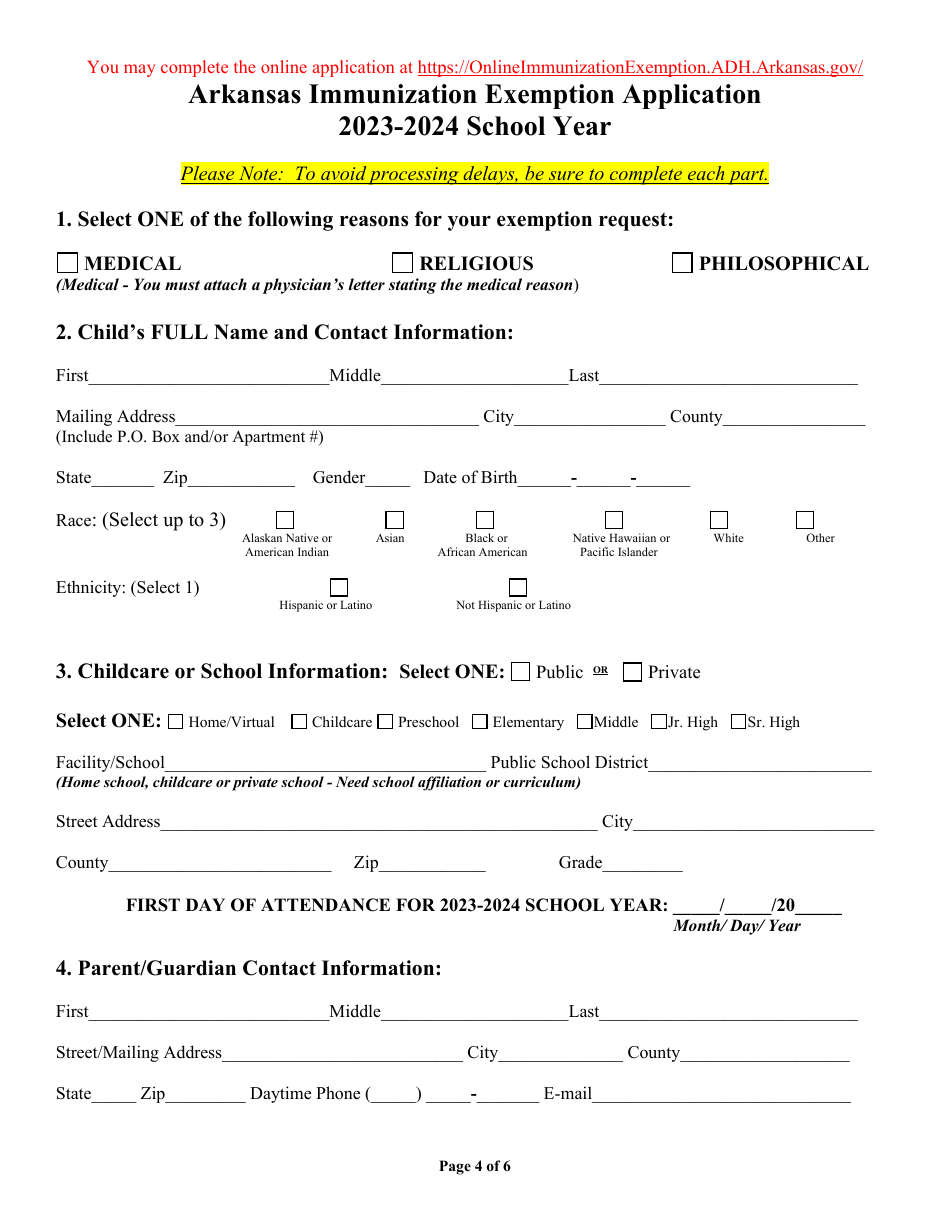 Arkansas Immunization Exemption Application for Childcare or School Students - Arkansas, Page 4