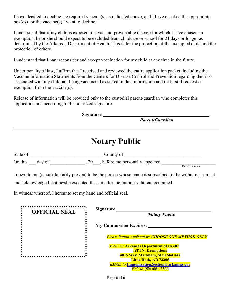 Arkansas Immunization Exemption Application for Childcare or School Students - Arkansas, Page 6