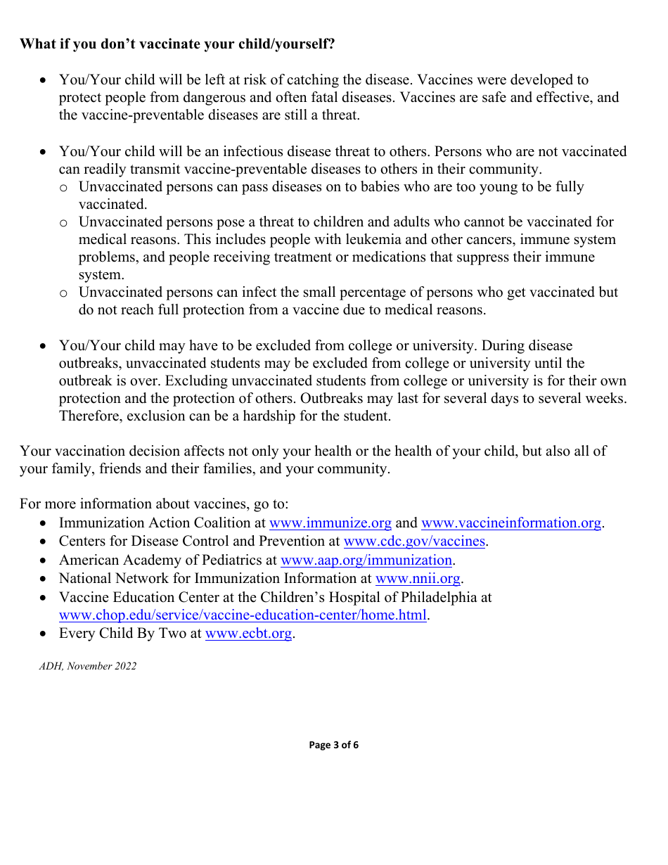 Arkansas Immunization College or University Exemption Application - Arkansas, Page 3