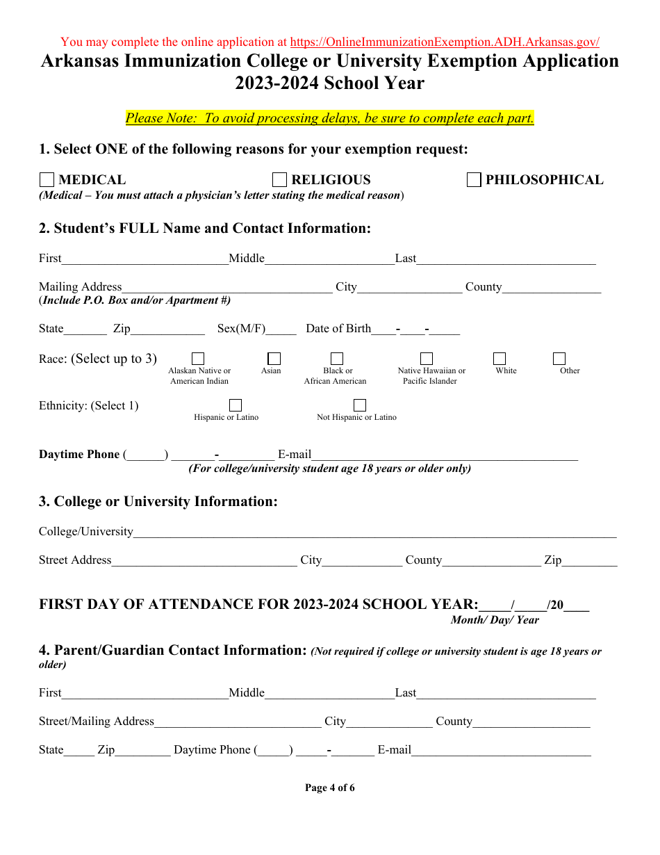 Arkansas Immunization College or University Exemption Application - Arkansas, Page 4