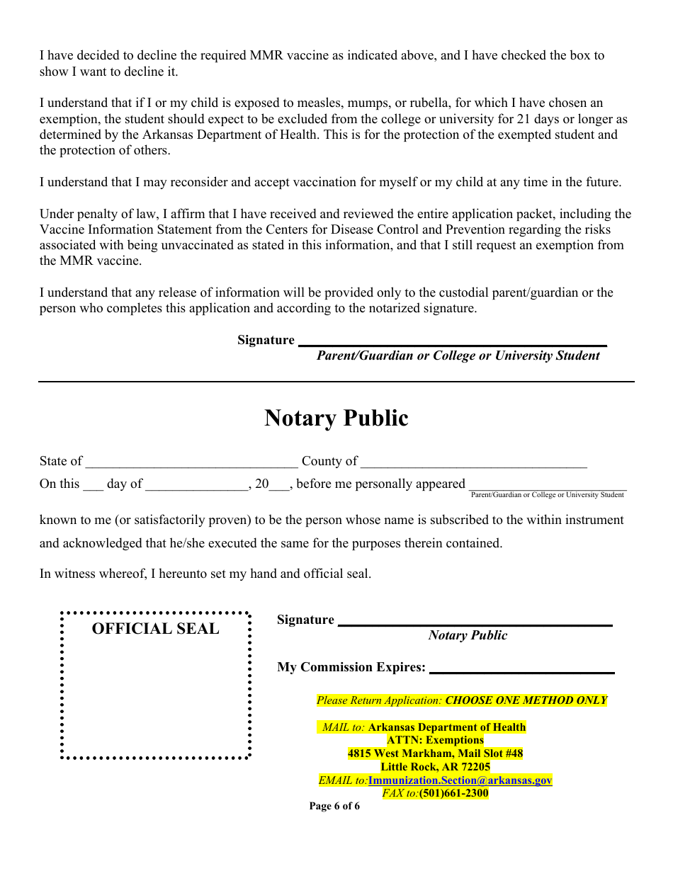 Arkansas Immunization College or University Exemption Application - Arkansas, Page 6
