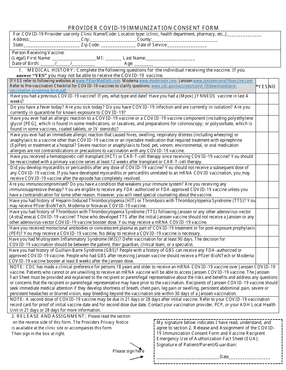 Provider Covid-19 Immunization Consent Form - Arkansas, Page 1