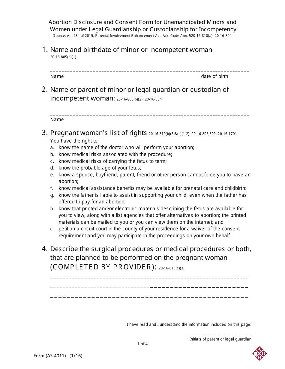 Form AS-4011 Abortion Disclosure and Consent Form for Unemancipated Minors and Women Under Legal Guardianship or Custodianship for Incompetency - Arkansas, Page 1